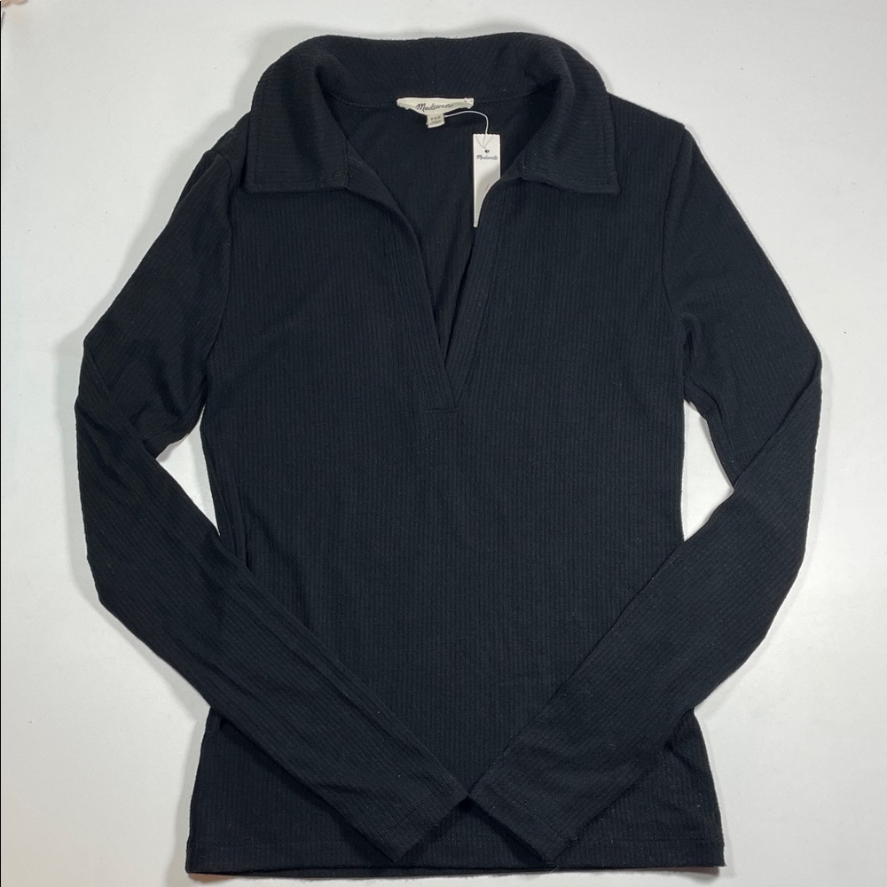 NWT Madewell Johnny-Collar Black Long Sleeve Rib Knit Top, Size XXS